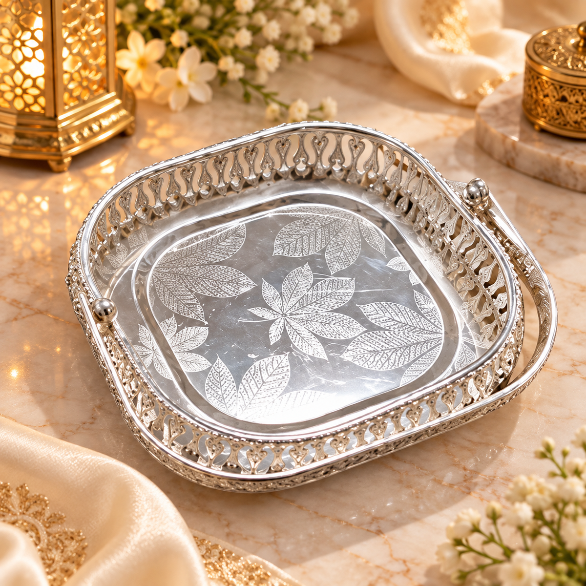 Silver Decorative pooja backet  with Handles | Leaf Engraved Pooja backet