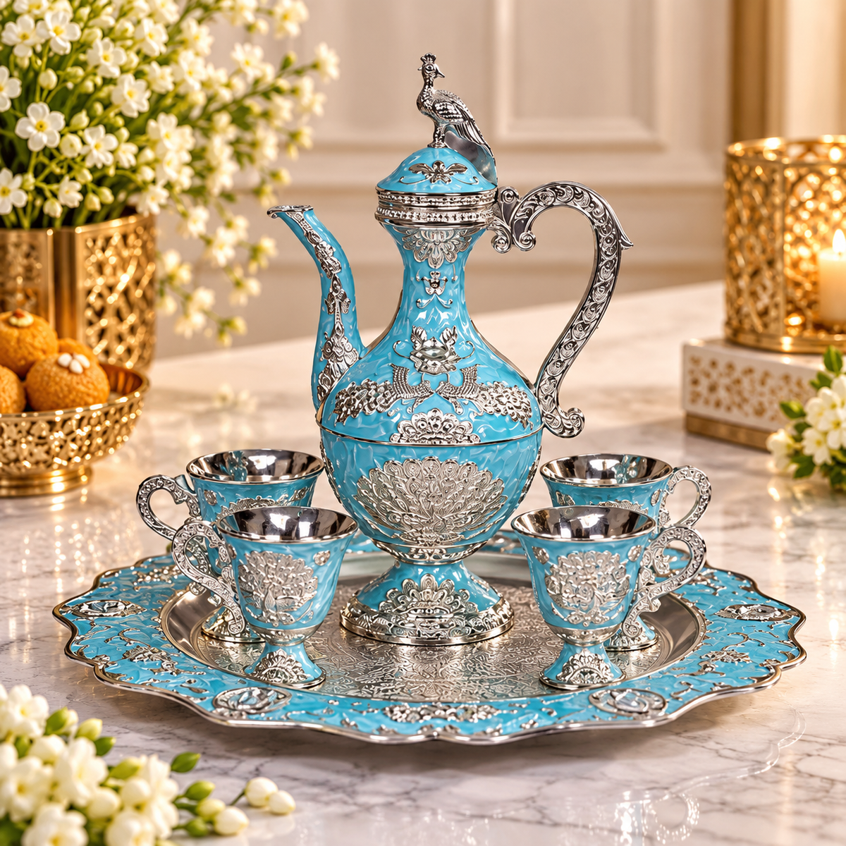 Decorative Tea Set with Peacock Lid, Ornate Engraving & Matching Tray