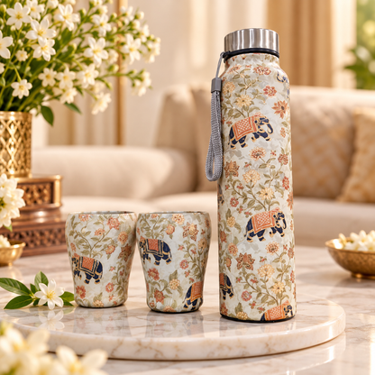 Premium Floral & Elephant Printed Stainless Steel Water Bottle with 2 Match