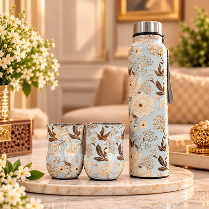 Premium Floral Printed Stainless Steel Water Bottle with 2 Matching glass