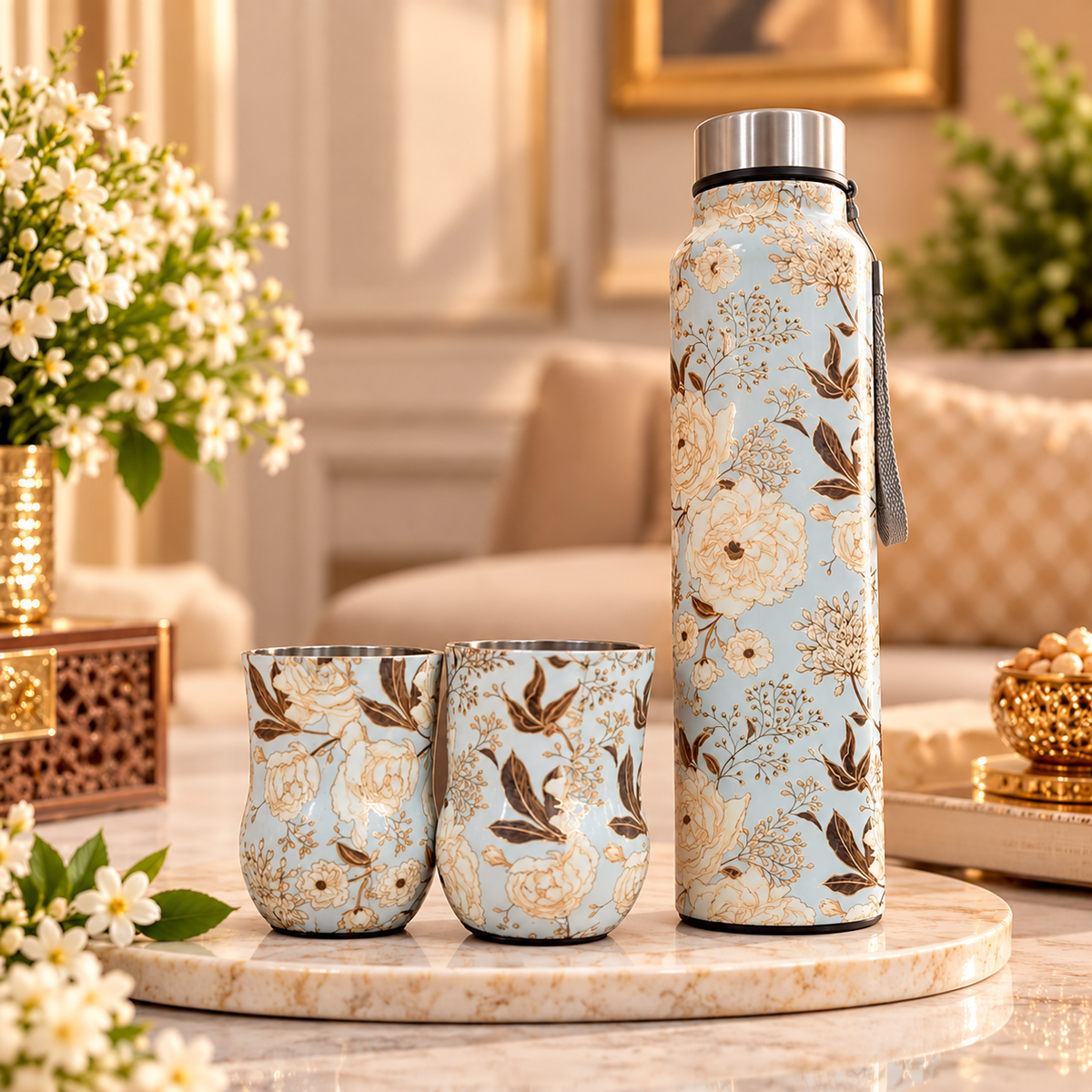 Premium Floral Printed Stainless Steel Water Bottle with 2 Matching glass - Diwali and wedding gift