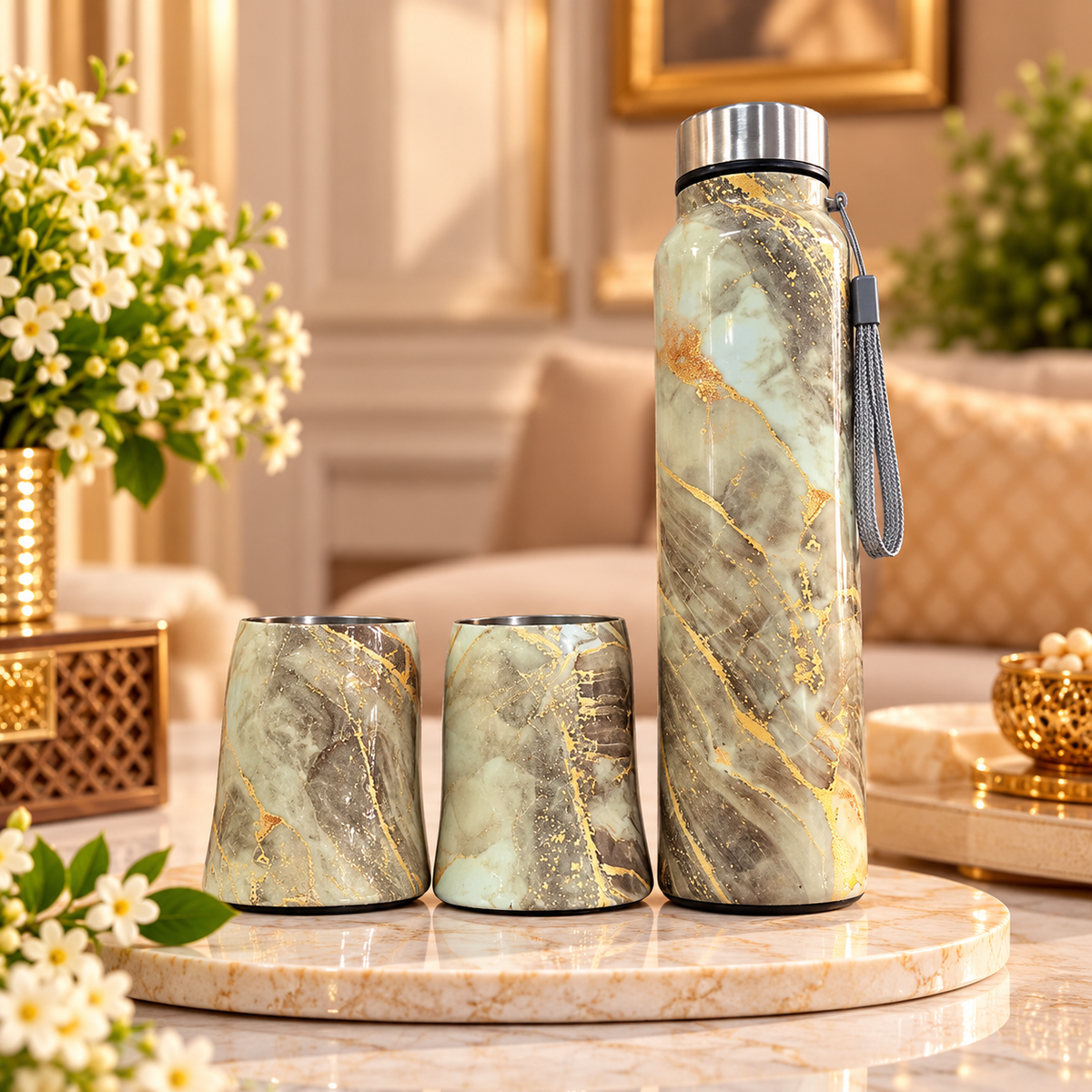 Premium Marble-Effect Stainless Steel Water Bottle with 2 Matching Tumblers - Diwali and wedding gift