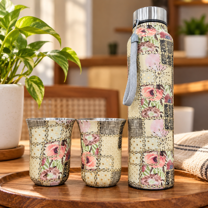 Premium Floral Patchwork Printed Stainless Steel Water Bottle with 2 Matchi - Diwali and wedding gift