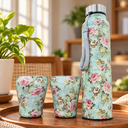 Premium Sky Blue Floral Printed Stainless Steel Water Bottle with 2 Matchin