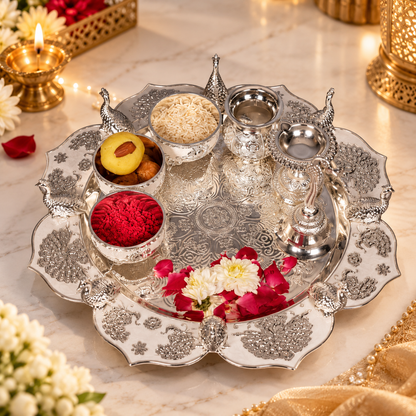 Premium Silver Plated Peacock Design Pooja Thali Set with Decorative Contai - Diwali and wedding gift