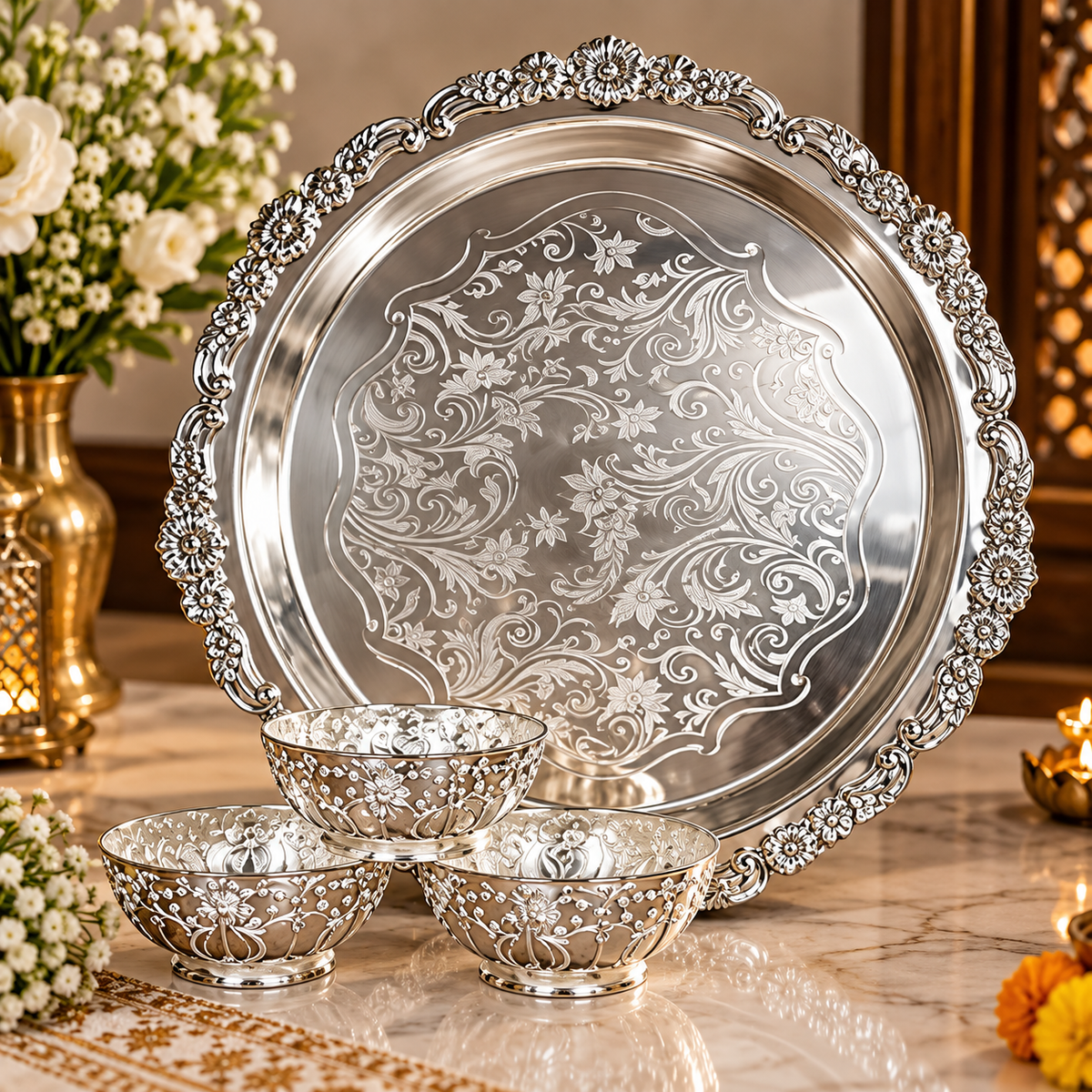 Silver-Plated Decorative Serving Tray with 3  Floral Bowls & Intricate Engr