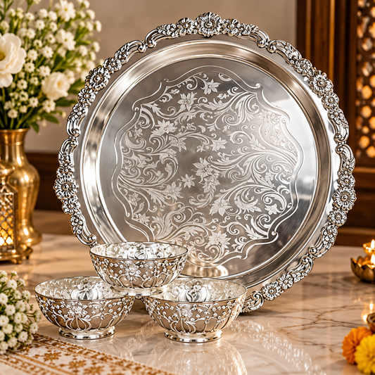 Silver-Plated Decorative Serving Tray with 3  Floral Bowls & Intricate Engr