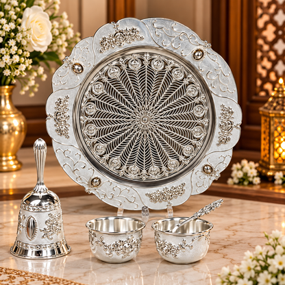 Decorative Pooja Thali Set with Ornate Floral Tray, Roli Chawal Bowls, Spoo - premium gift for Diwali and wedding
