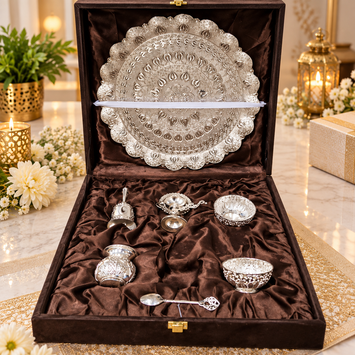 Royal Pooja Thali Gift Set with Decorative Thali, Diya, Bowls, Roli-Chawal