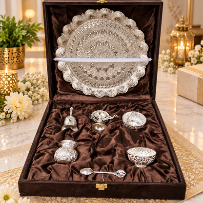 Royal Pooja Thali Gift Set with Decorative Thali, Diya, Bowls, Roli-Chawal - Diwali and wedding gift