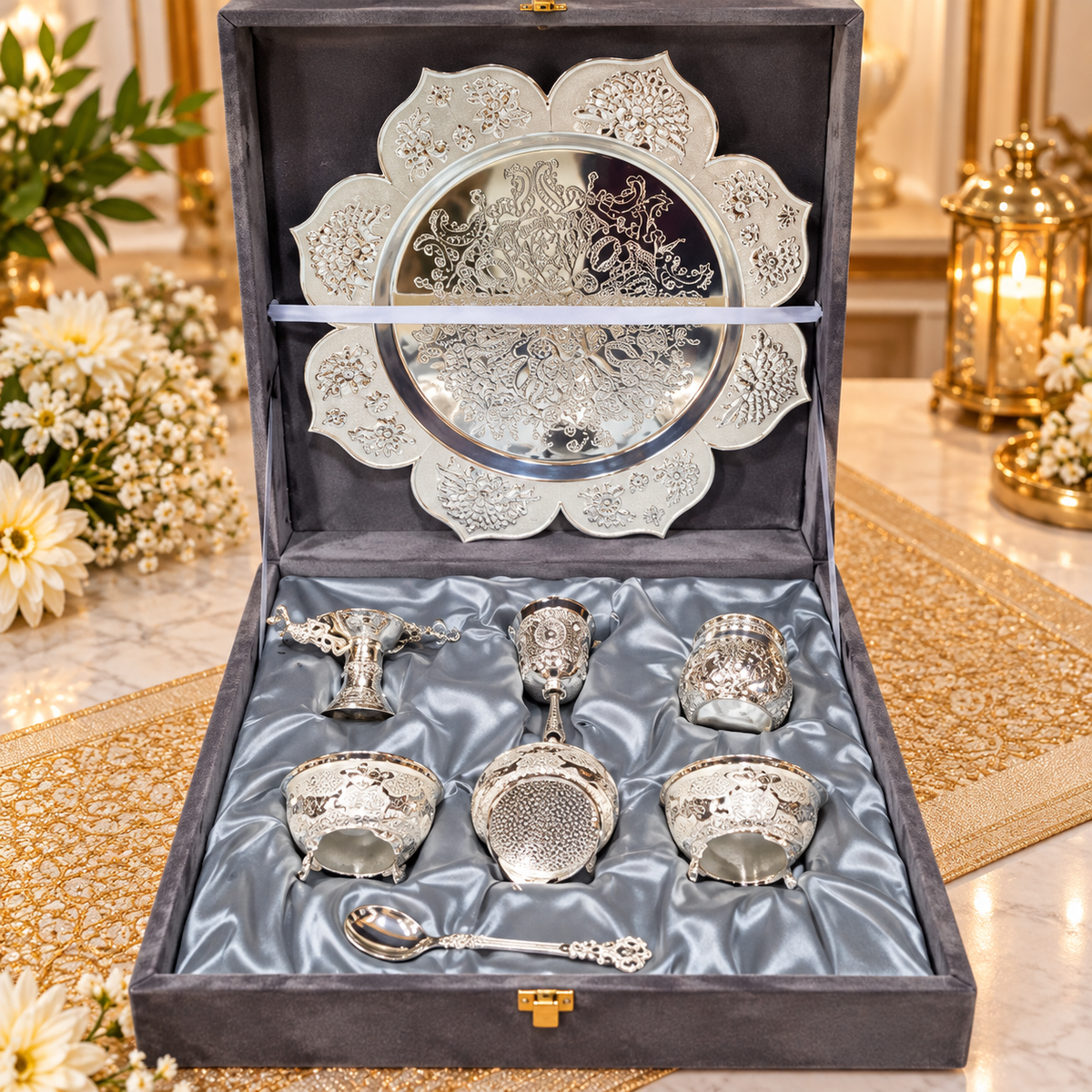 Silver-Plated Lotus Design Pooja Thali Gift Set with Decorative Thali, Diya