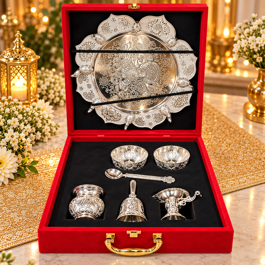 Premium Silver Plated Complete Pooja Thali Set with Designer Gift Box