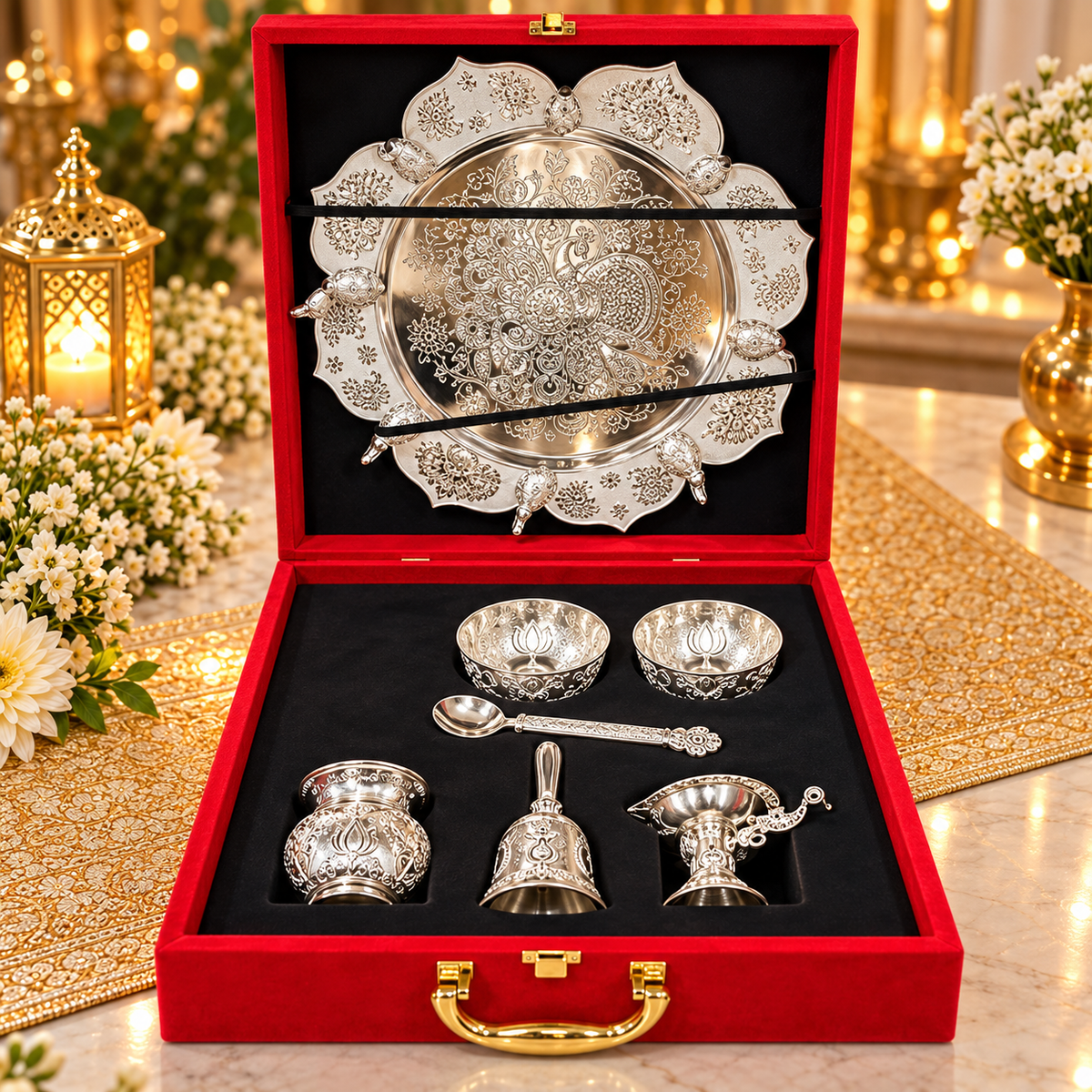Premium Silver Plated Complete Pooja Thali Set with Designer Gift Box - Diwali and wedding gift