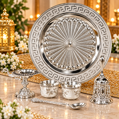 Silver Decorative Peacock Feather Pooja Thali Set with Diya, 2 Bowls, Spoon