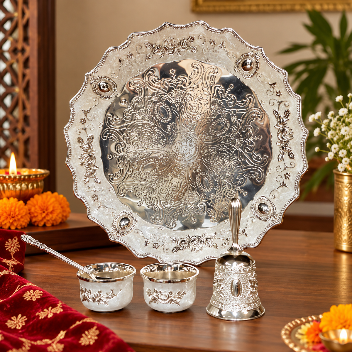 Premium Silver Plated Designer Pooja Thali Set with 2 Bowls, Spoon & Decora - Diwali and wedding gift