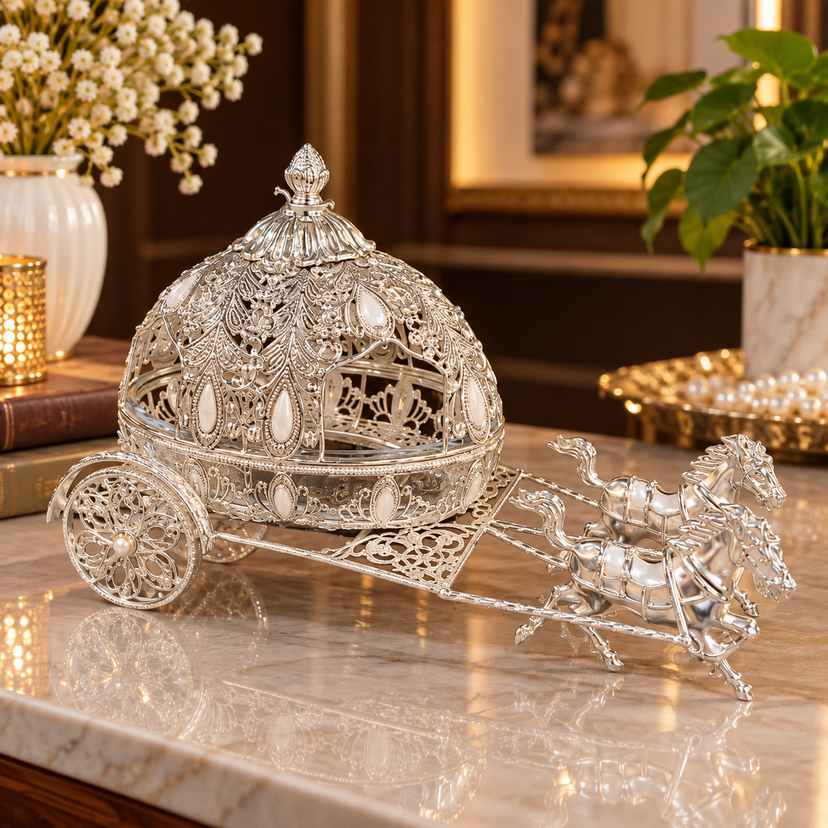 Premium Silver Plated Royal Horse Carriage Decorative Dry Fruit & Gift Box - Diwali and wedding gift