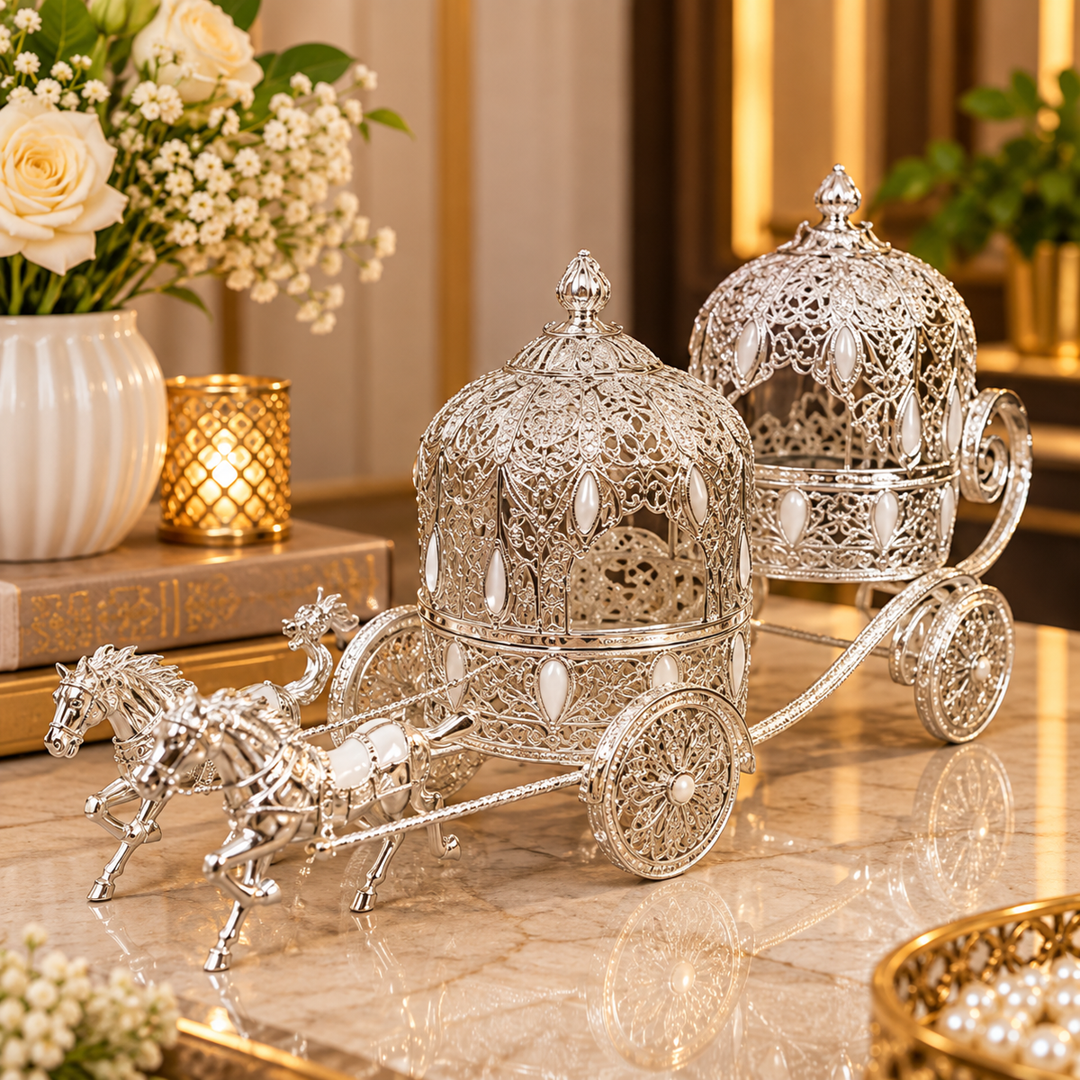 Premium Silver Horse Carriage Showpiece | Royal Chariot Decorative Table De