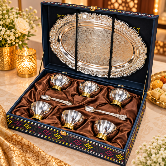 Silver & Gold Dry Fruit Bowl  & ice cream  bowl Gift Set with Designer Serv