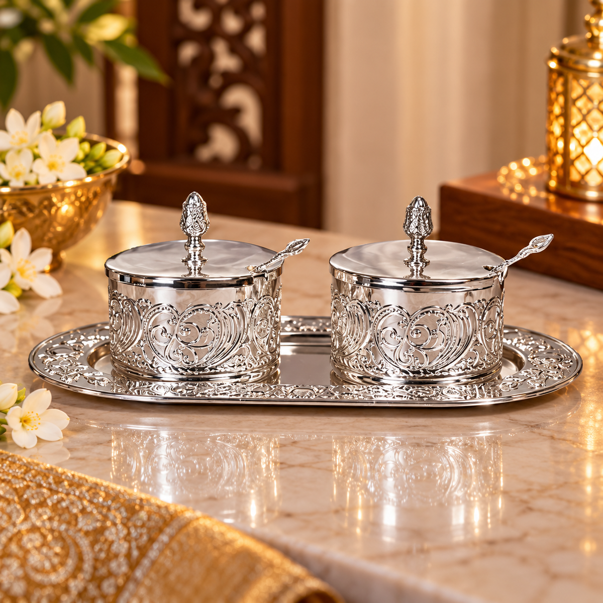 Sugar Bowl Set with Serving Tray & Spoons Royal Designer Condiment Bowl Set - Diwali and wedding gift