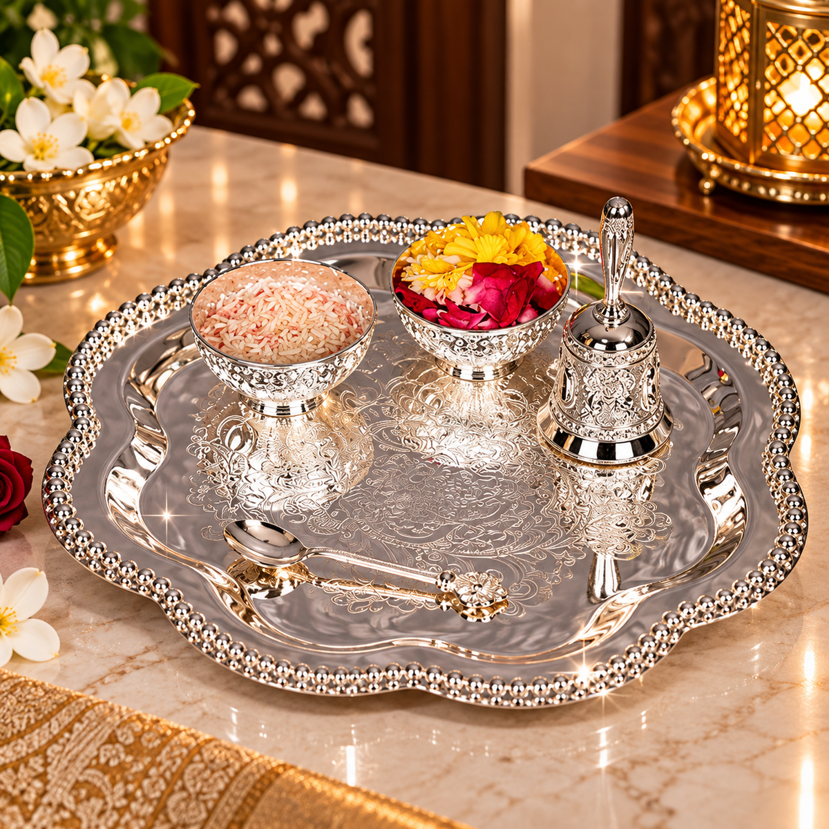 Pooja Thali Set with Roli Chawal Bowls, Diya & Spoon - Royal Designer Pooja