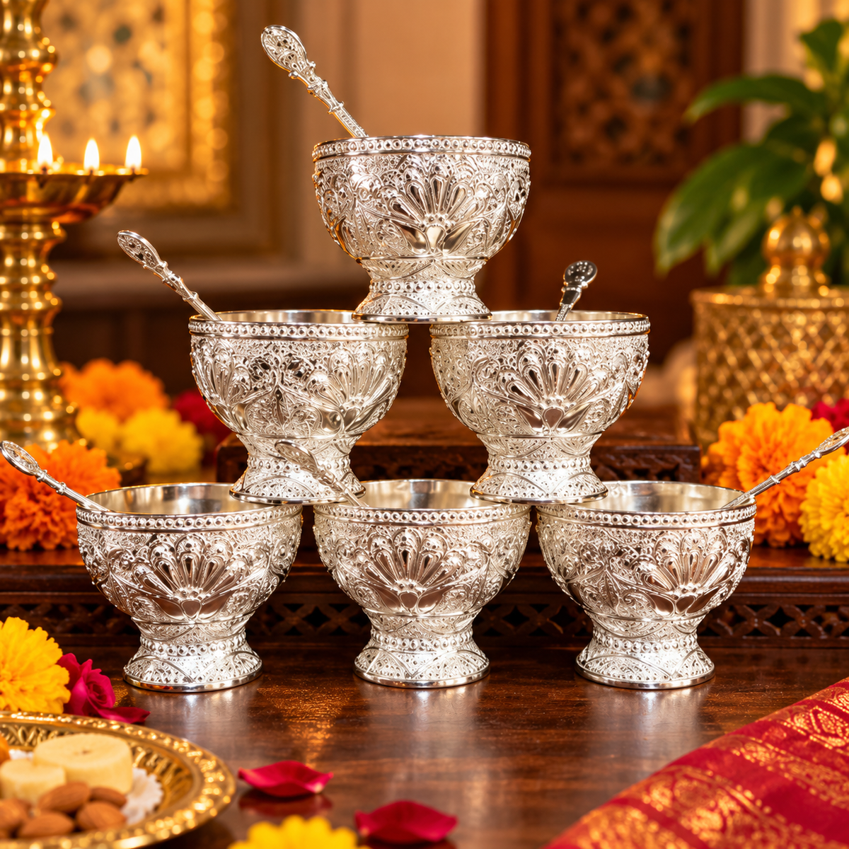 Premium Silver Plated Decorative Bowl Set | Traditional Floral Design Dry F - Diwali and wedding gift