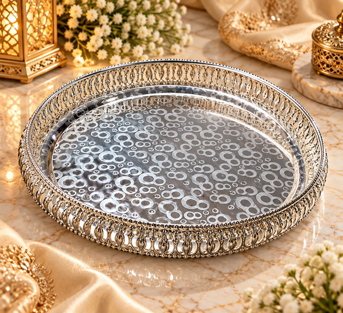 Silver Plated Decorative Serving Tray & pooja backet  | Premium Round Dry F