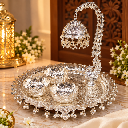 Premium Silver Plated Decorative Pooja Thali Set with Hanging Bell & 3 Flor - Diwali and wedding gift