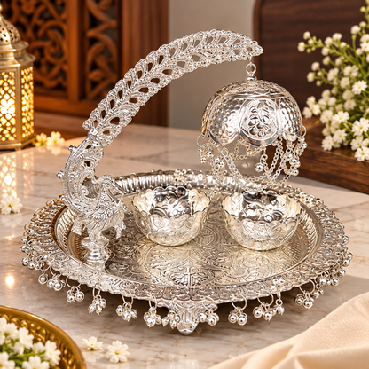 Silver Plated Peacock Pooja Thali Set | Traditional Designer Puja Thali wit - Diwali and wedding gift