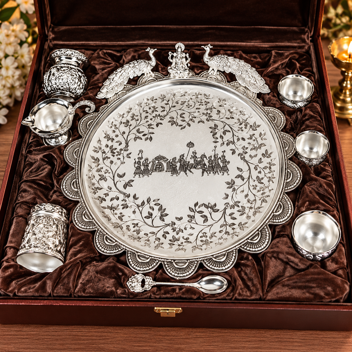 Premium Silver Plated Designer Pooja Thali Gift Set with Peacock & Krishna - Diwali and wedding gift