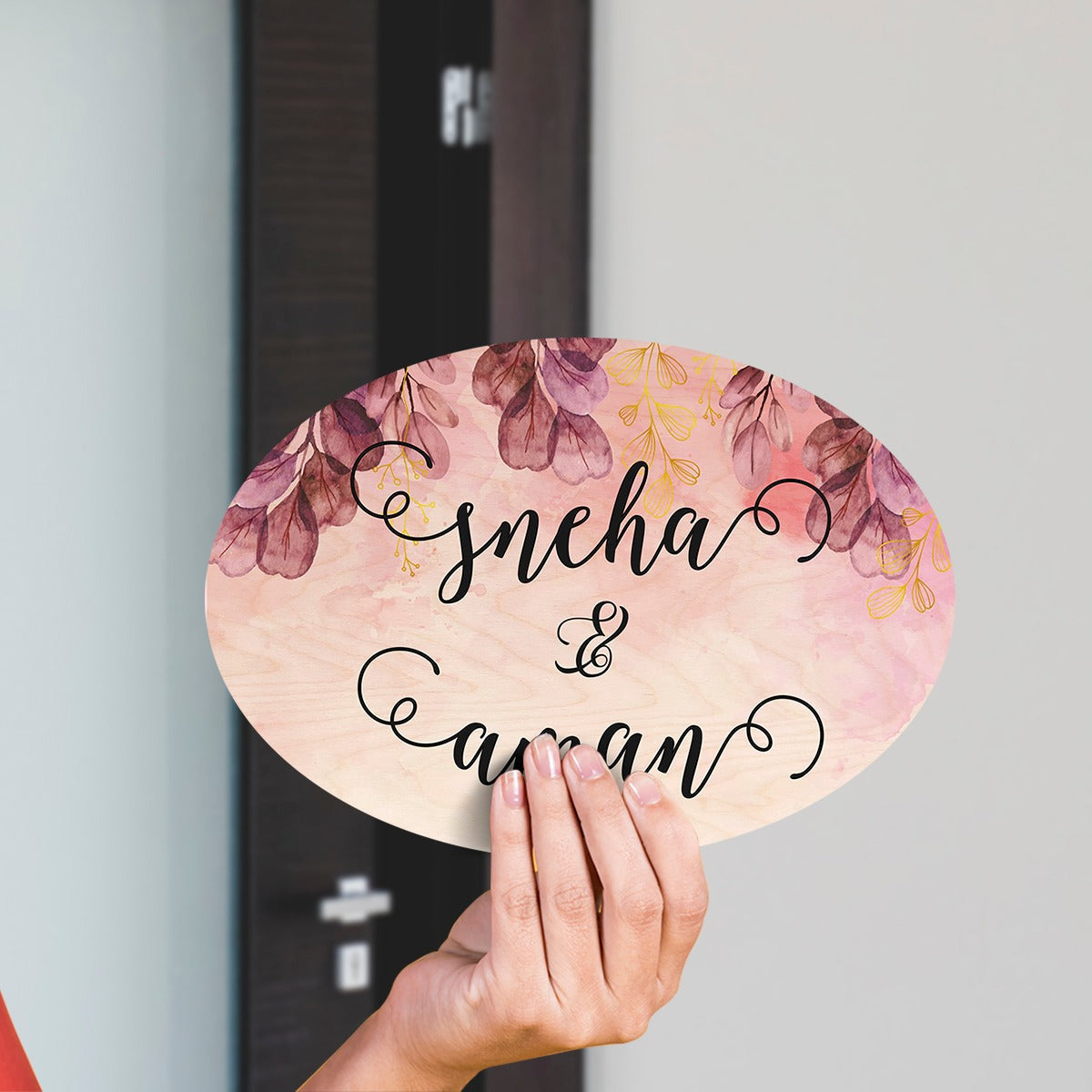 Watercolour Flower Pattern Big Oval Shape Name Plate