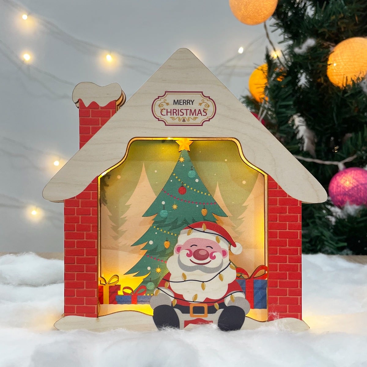 Wooden Merry Christmas Party Decor with Lights