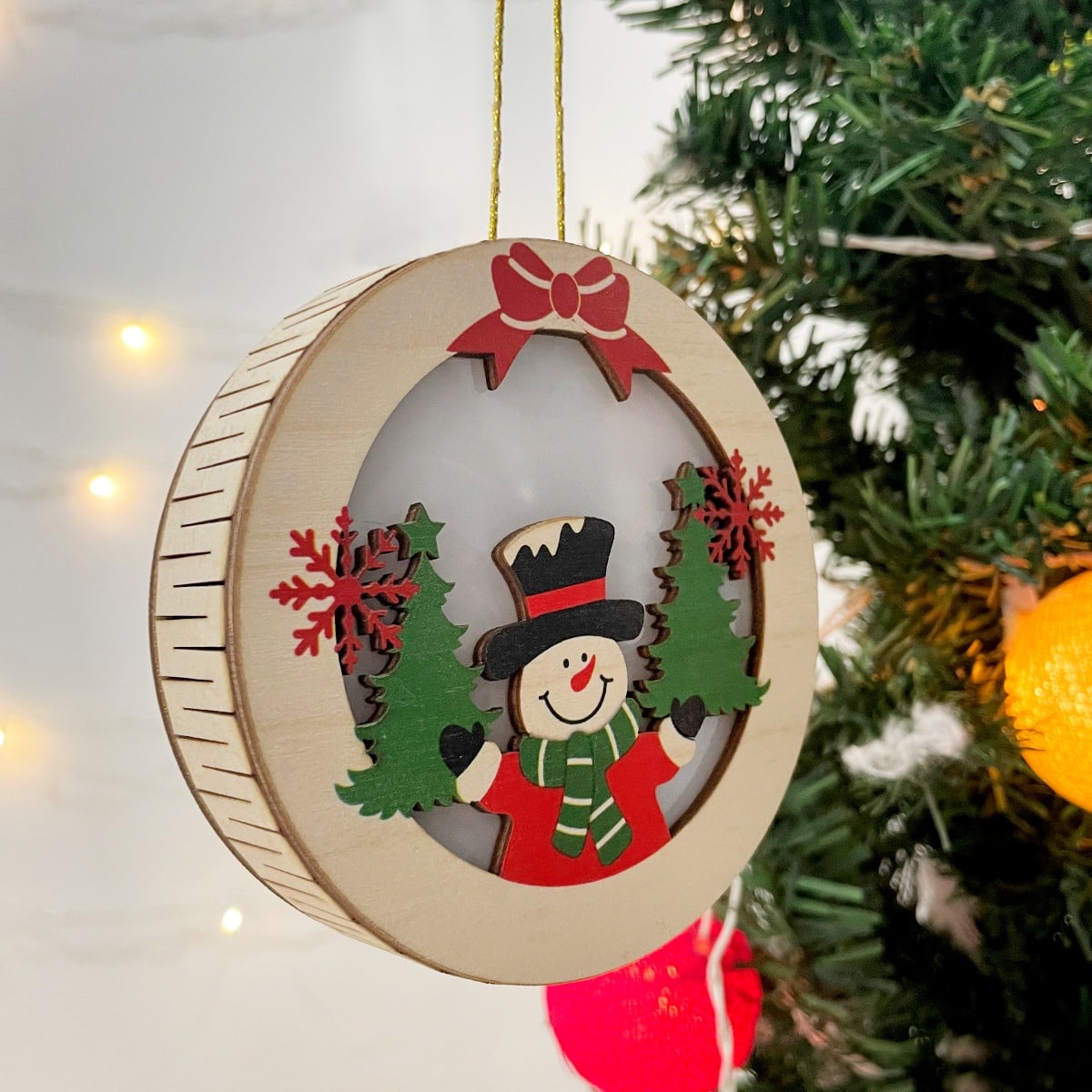 Wooden Christmas Hanging Ornament with Lights