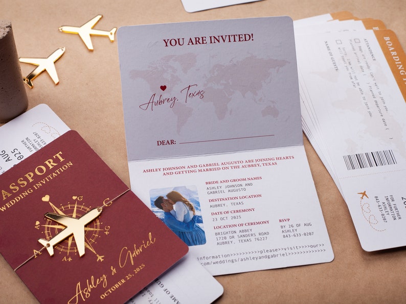 Gold Foil Passport Wedding Invitation for Destination Wedding with Boarding Pass Style