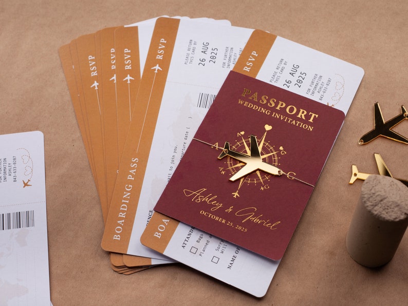 Gold Foil Passport Wedding Invitation for Destination Wedding with Boarding Pass Style