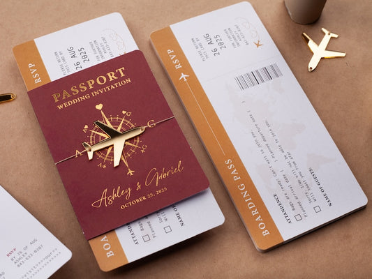 Gold Foil Passport Wedding Invitation for Destination Wedding with Boarding Pass Style