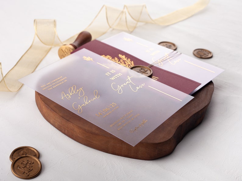 Gold Foil Acrylic Wedding Invitations with Folded Envelope,