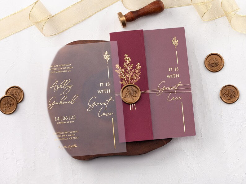 Gold Foil Acrylic Wedding Invitations with Folded Envelope,