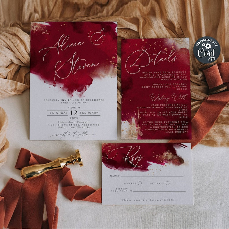 Wedding Invitation Template, Printable Maroon & Gold Wedding Suite,